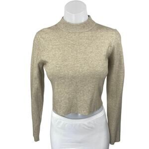 Mable Beige Khaki Tan Knit Long Sleeve Mock Neck Cropped Sweater Top Size M